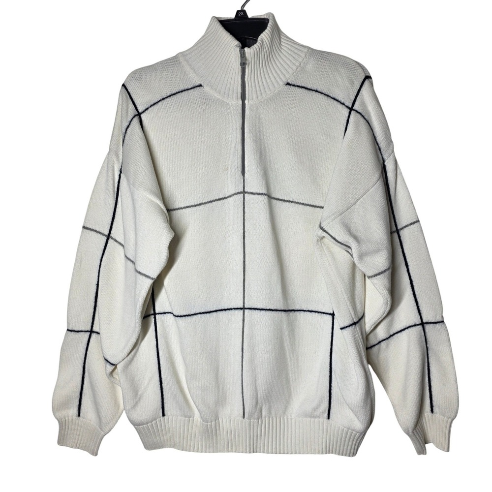 Nautica Mens XL 1/4 Zip Sweater White Grid Windowpane Cotton Wool Blend Pullover